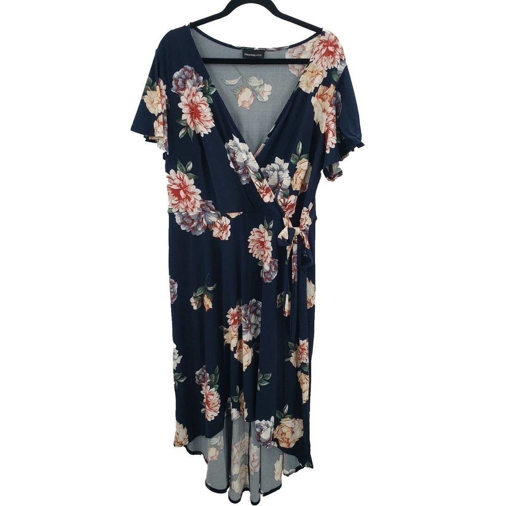 Fortune + Ivy Floral Faux Wrap Dress Womens 2x Short Flared Sleeve Knit High Low